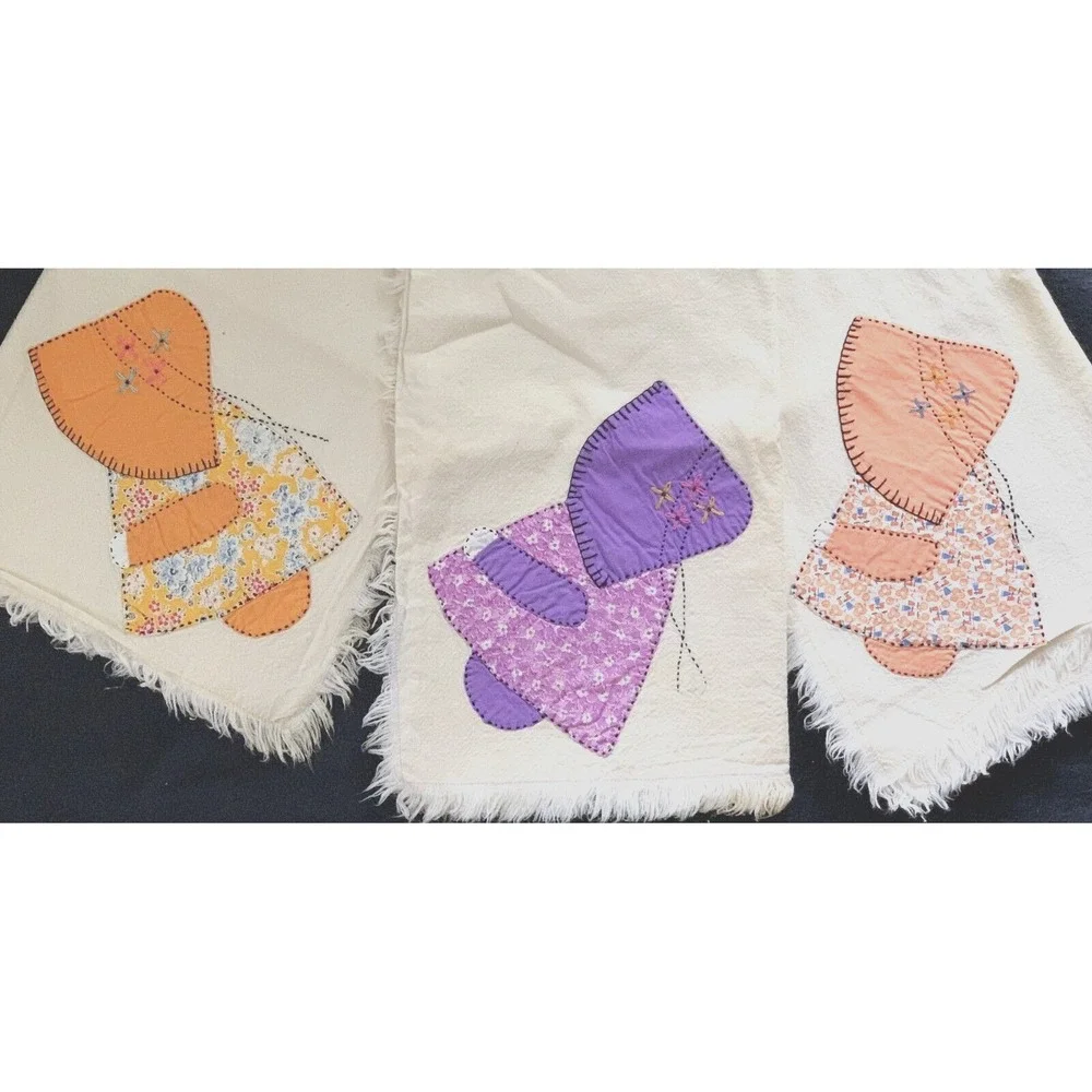 3 Flour Sack 1930's Cotton Tea Towels Sunbonnet Sue Embroidery & Appliqued 32